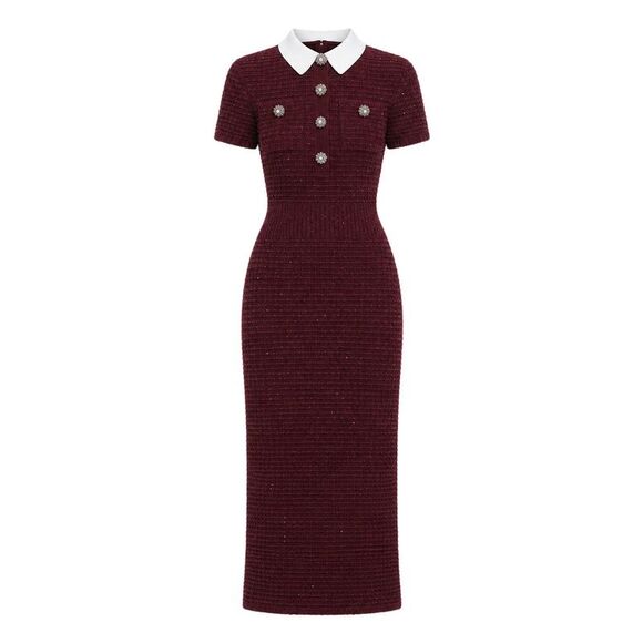 SELF-PORTRAIT Dresses & Skirts - Self-Portrait Women Bordeaux Textured Knit Midi Dress